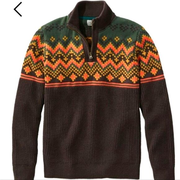 L.L. Bean Organic Cotton Green and Brown Zip Up Sweater Nordic Pattern M Tall - Picture 1 of 6